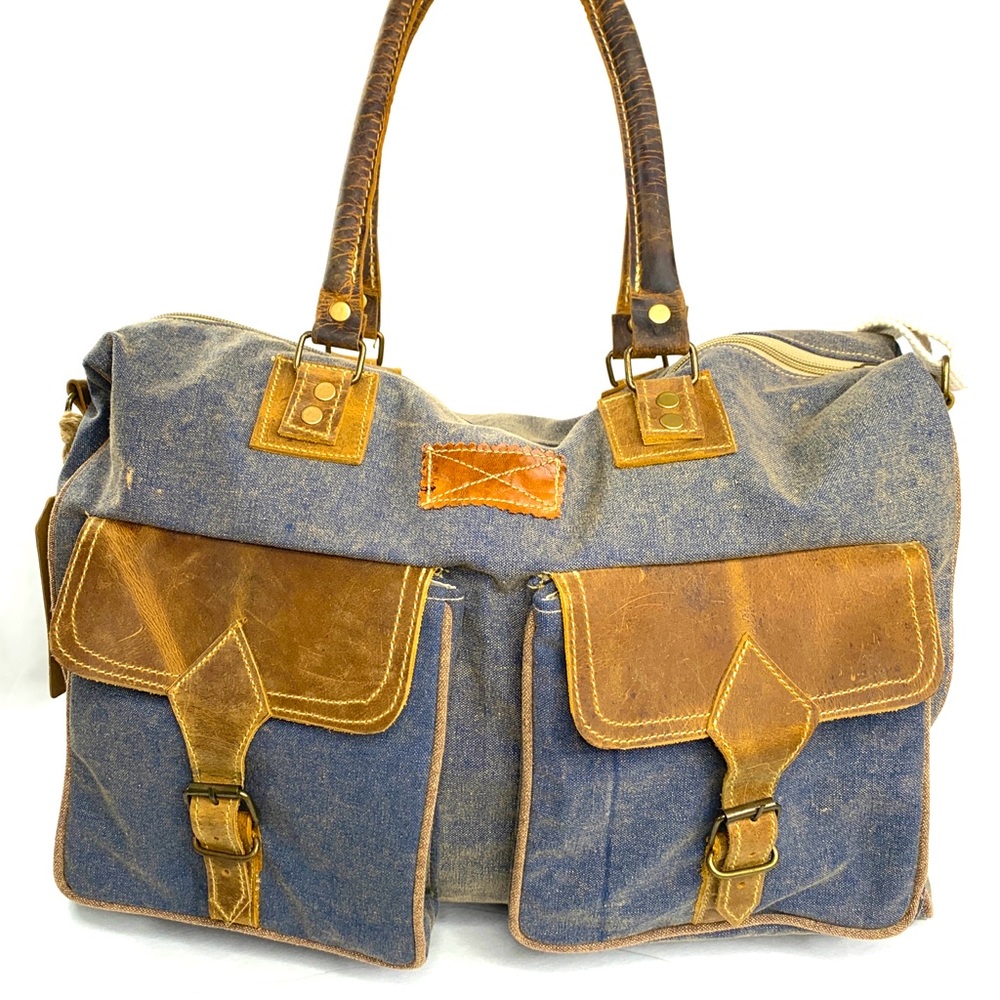 The Barrel Shack Owen Blue Canvas Large Messenger Bag Brown Leather Trim